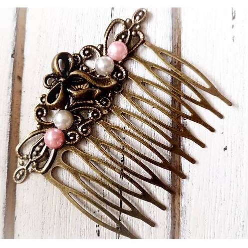 Romantischer Haarkamm im Vintage-Stil, bronzefarben,  Cabochon, Antik-Stil, Schleife Bild 2