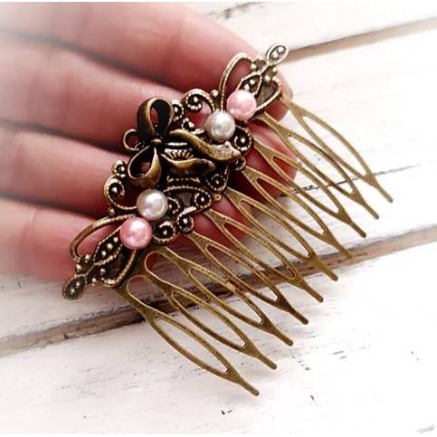 Romantischer Haarkamm im Vintage-Stil, bronzefarben,  Cabochon, Antik-Stil, Schleife Bild 3