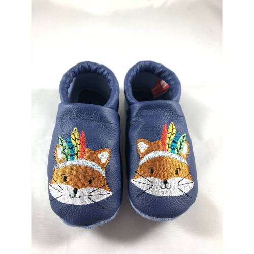Krabbelschuhe, Lederpuschen, Krabbelpuschen, dunkelblau mit Indianer-Fuchs, Federgetier, gestickt  NEU