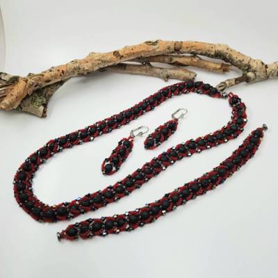 Schmuckset Halskette Armband Ohrringe | schwarz rot | Magnetverschluss Edelstahl-Klapphaken | Geschenk