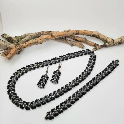 Schmuckset Halskette Armband Ohrringe | schwarz silber | Magnetverschluss Edelstahl-Klapphaken | Handarbeit | Geschenk