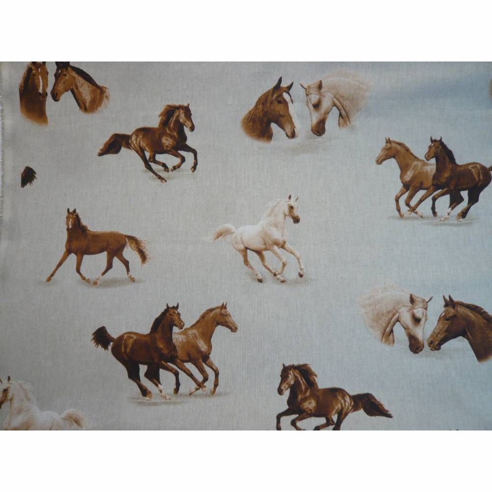 14,70 EUR/m Dekostoff Canvas Pferd / Pferde Köpfe auf hellbeige Leinenoptik Bild 1