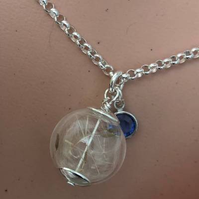 925 Silber Kette mit Glaskugel & Pusteblumensamen – mit funkelndem Monatssteinanhänger