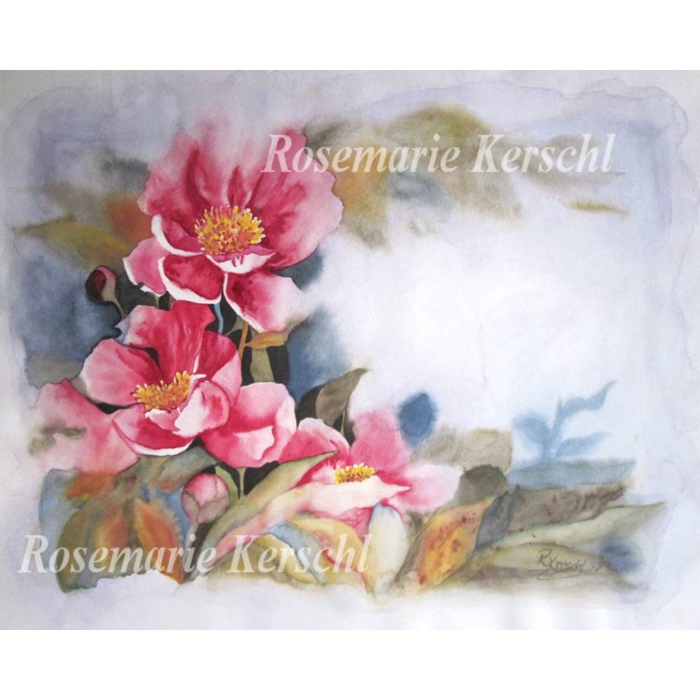 Pfingstrosenromantik – Handgemaltes Aquarellbild in Rosa, Orange, Gelb, Braun, Blau- und Grüntönen, 49 x 63 cm Bild 1
