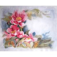 Pfingstrosenromantik – Handgemaltes Aquarellbild in Rosa, Orange, Gelb, Braun, Blau- und Grüntönen, 49 x 63 cm