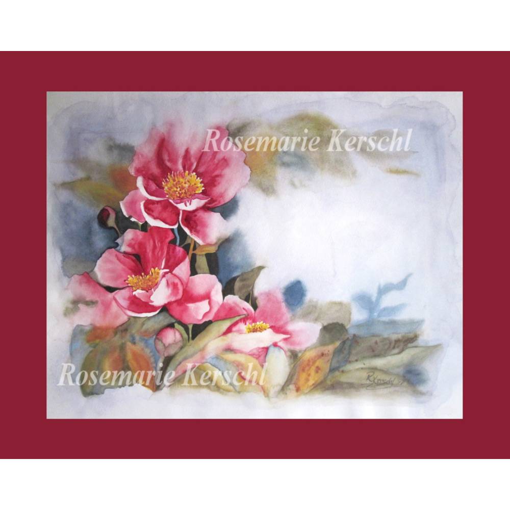 Pfingstrosenromantik – Handgemaltes Aquarellbild in Rosa, Orange, Gelb, Braun, Blau- und Grüntönen, 49 x 63 cm Bild 2