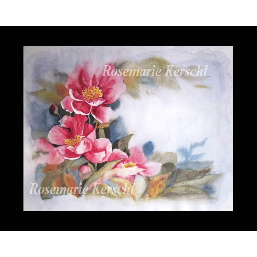 Pfingstrosenromantik – Handgemaltes Aquarellbild in Rosa, Orange, Gelb, Braun, Blau- und Grüntönen, 49 x 63 cm Bild 4