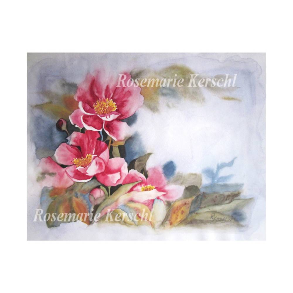 Pfingstrosenromantik – Handgemaltes Aquarellbild in Rosa, Orange, Gelb, Braun, Blau- und Grüntönen, 49 x 63 cm Bild 5