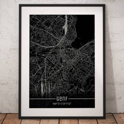 Stadtplan GENF - Just a Black Map I Digitaldruck Stadtkarte citymap City Poster Kunstdruck Stadt Karte