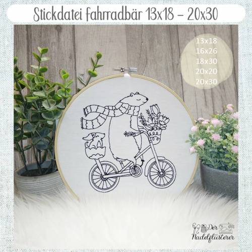 Digitale Stickdatei Fahrradbär  13x18 - 20x30 cm (5x7 - 8x12") Stickrahmen
