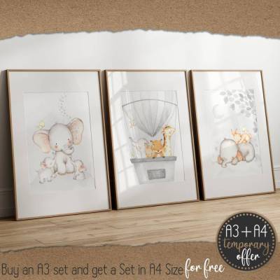 A3 | Kinderzimmer Poster Babyzimmer Bilder Set Kinderzimmer Bild Kunstdruck Tiere Babytiere Elefant  | SET 41/A3
