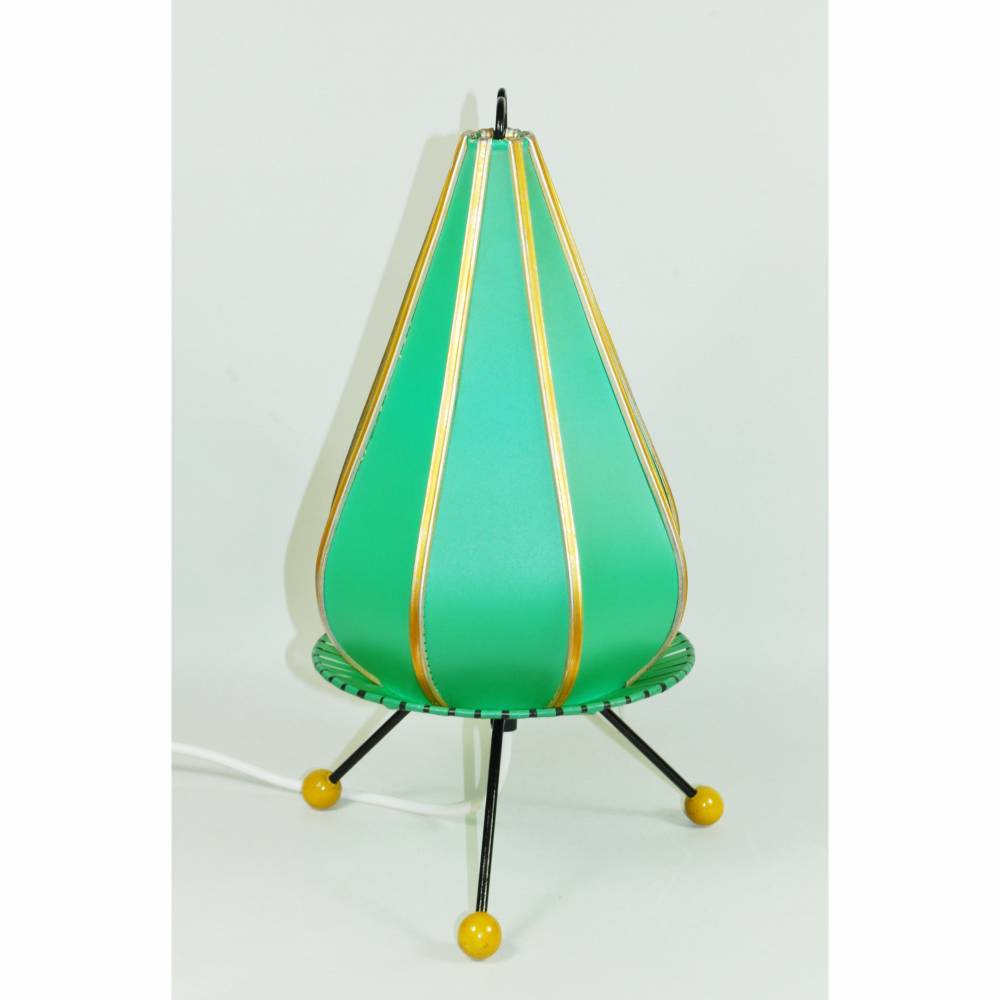 50er J. DDR Viehweger Tischleuchte Rockabilly Made in GDR Tripod Dreibein Nachtlicht Kunststoff grün mid century vint Bild 3