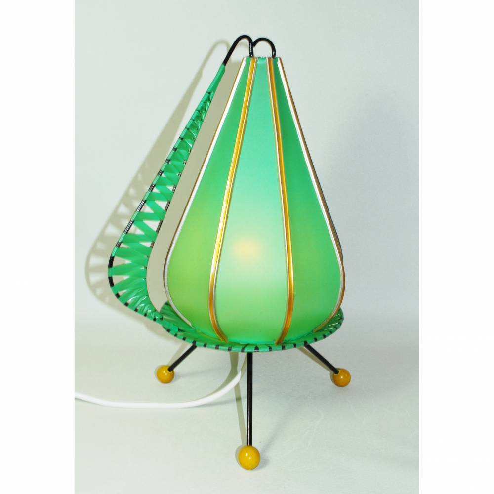 50er J. DDR Viehweger Tischleuchte Rockabilly Made in GDR Tripod Dreibein Nachtlicht Kunststoff grün mid century vint Bild 6