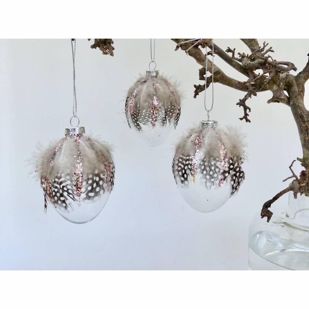 Ostereier aus Glas mit Perlhuhn-Federn, 4 Stück Bild 1