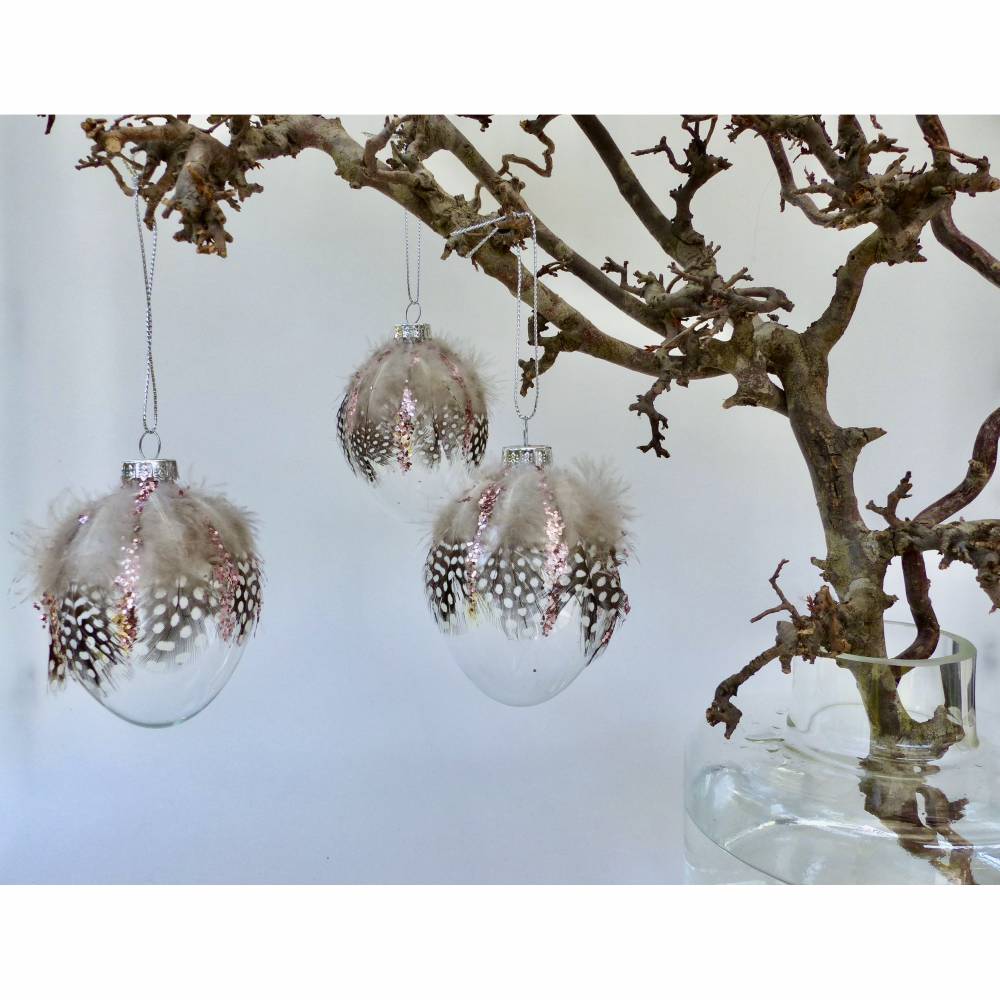 Ostereier aus Glas mit Perlhuhn-Federn, 4 Stück Bild 2