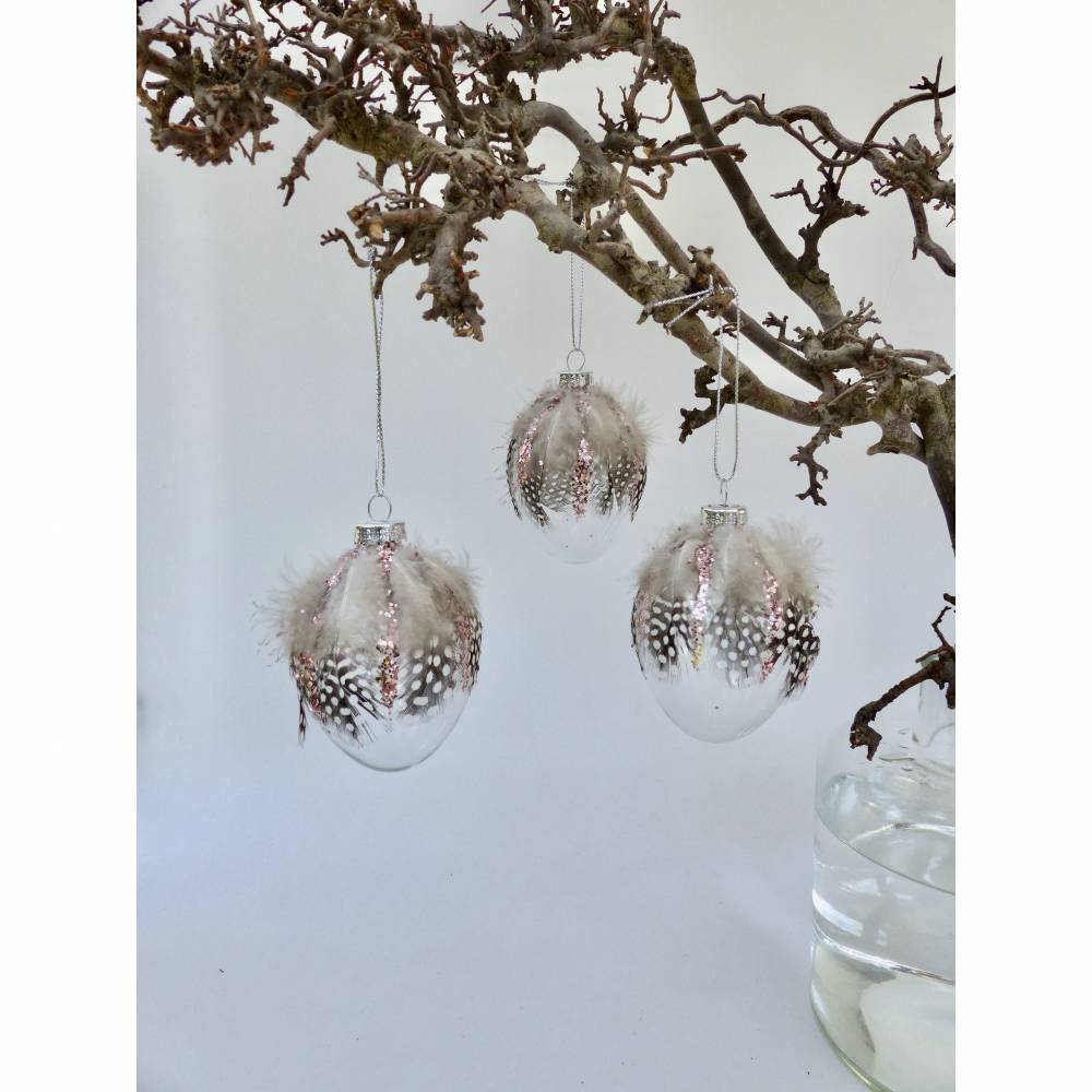 Ostereier aus Glas mit Perlhuhn-Federn, 4 Stück Bild 3