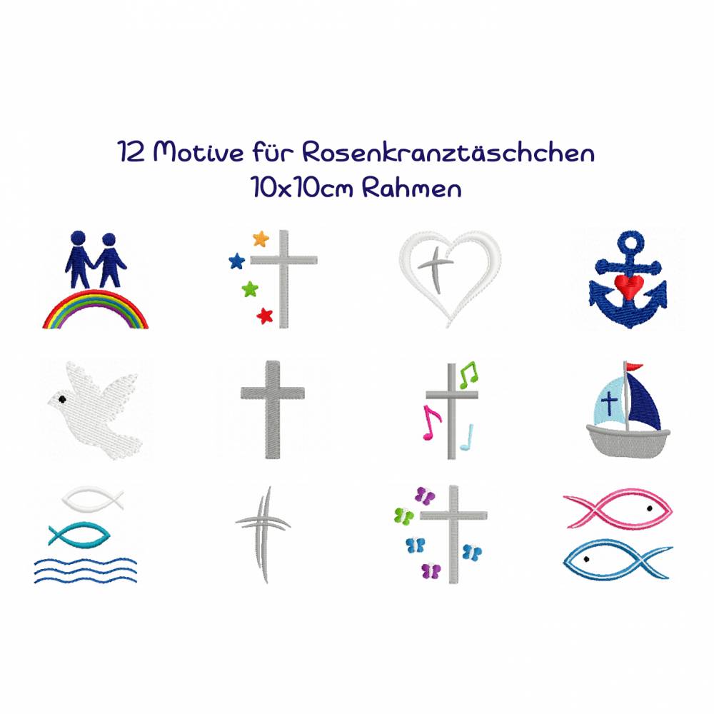 Stickdatei 12 Motive für Rosenkranztäschchen 10x10cm Bild 1