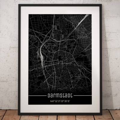 Stadtplan DARMSTADT - Just a Black Map I Digitaldruck Stadtkarte citymap City Poster Kunstdruck Stadt Karte