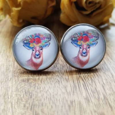 Hirsch Ohrringe und Ringe Blumen Trachtenschmuck Cabochonschmuck