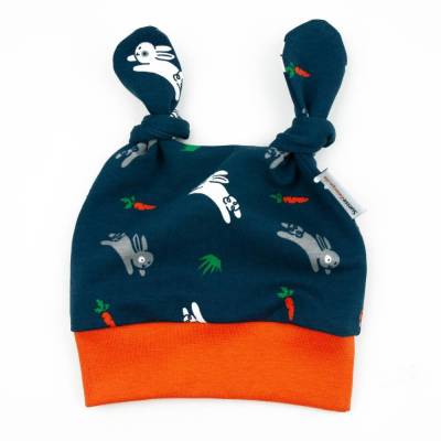 Mütze Knotenmütze Baby Jungen Mädchen "Hasen & Karotten" Geschenk Geburt Ostern