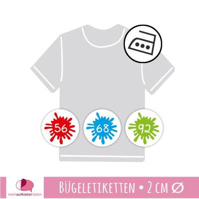 45 mini permanent Bügeletiketten | Farbklecks - Größenetiketten - 2,0 cm Ø
