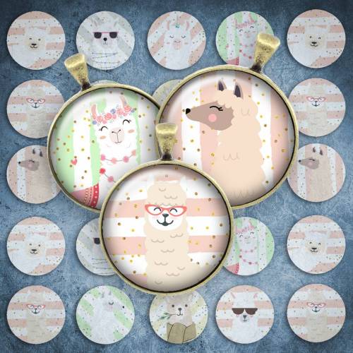 269 - Cabochon Vorlagen, 25mm 18mm 14mm 12mm, rund, Cabochon Motive, Bottle Cap images Lama Alpaka Kinder