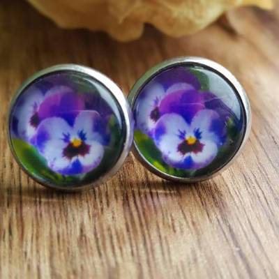 Hornveilchen Stiefmütterchen Ohrringe und Ringe Frühling Blumen Cabochonschmuck verschiedene Fassungen