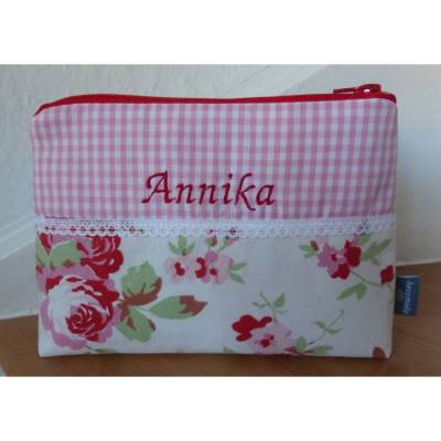 Kosmetiktasche, Rosen, Vichykaro, individualisierbar, Geschenk