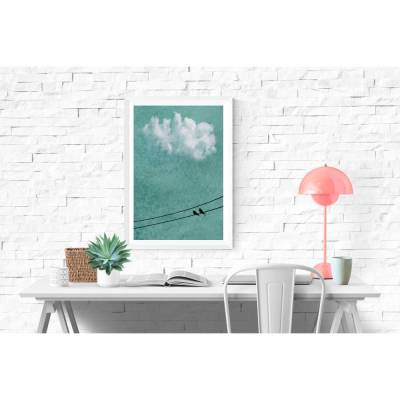 Vögel auf der Stromleitung, weiße Wolke am Himmel, Fotografie und Illustration, Poster grün, Größe 45 x 30 cm oder DIN A4