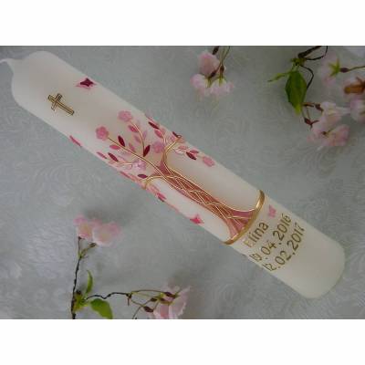 Kommunionkerze Taufkerze lang Mädchen Lebensbaum rosa gold Baum des Lebens Kreuz Schmetterlinge Name Datum individualisierbar 300/50 mm