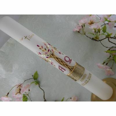 Kommunionkerze Taufkerze lang Mädchen Lebensbaum rosa gold Baum des Lebens Kreuz Alfa Omega Name Datum individualisierbar 400/50 mm