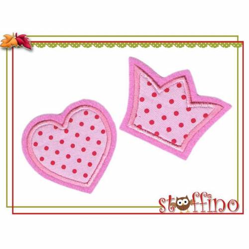 Set Herz und Krone Applikation Aufnäher rosa pink