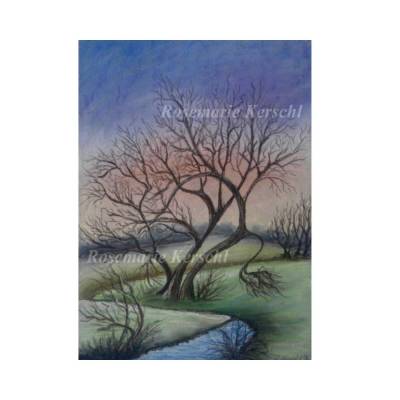 Weide am Wasser – Handgemaltes Pastellkreidebild Landschaft 34 x 25 cm Hochformat