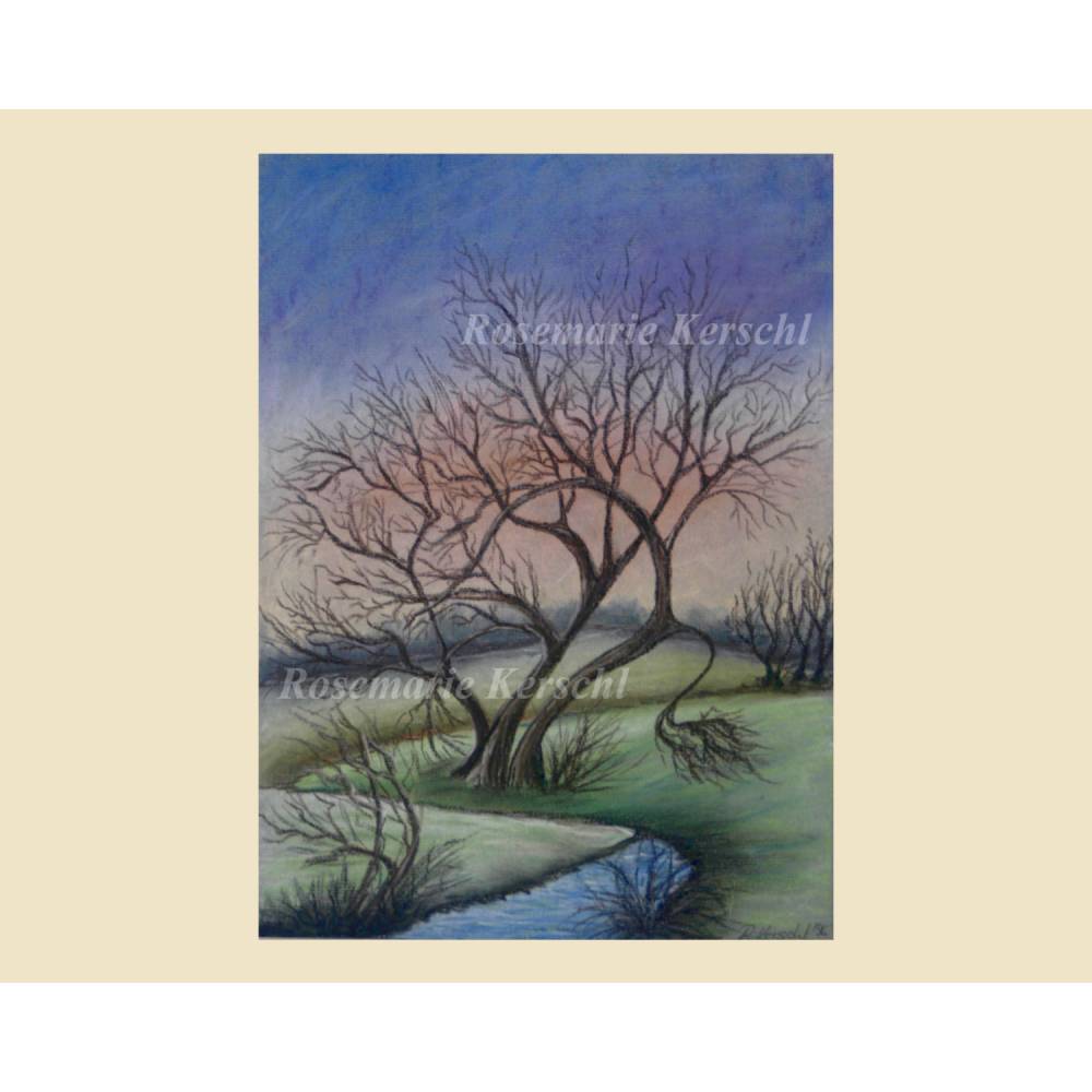 Weide am Wasser – Handgemaltes Pastellkreidebild Landschaft 34 x 25 cm Hochformat Bild 2