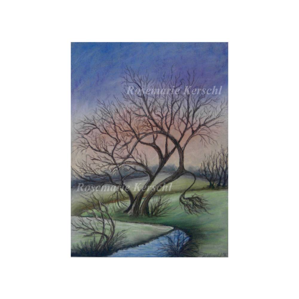 Weide am Wasser – Handgemaltes Pastellkreidebild Landschaft 34 x 25 cm Hochformat Bild 3