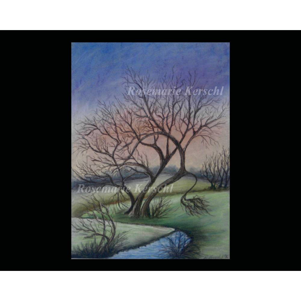 Weide am Wasser – Handgemaltes Pastellkreidebild Landschaft 34 x 25 cm Hochformat Bild 4