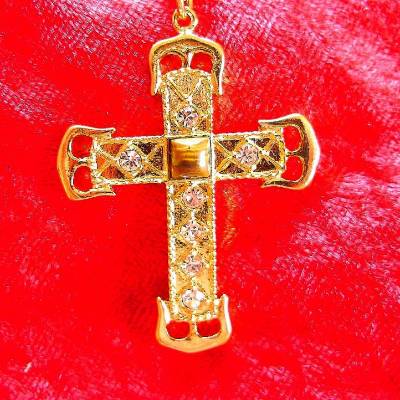 Vintage Halskette Kreuz mit Tigerauge und Strass aus den 70er Jahren