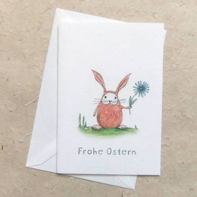 Osterkarte, Klappkarte DinA 6 mit Umschlag, kleiner Hase mit Blume und Frohe Ostern