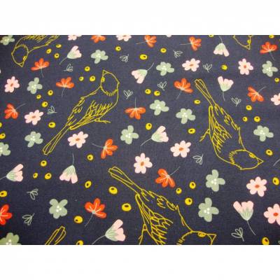 Baumwolljersey goldener Vogel & Blüten auf marine – Jersey Meterware für Kleider, Röcke & Shirts