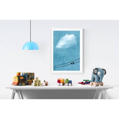Vogelpaar auf der Stromleitung, weiße Wolke am Himmel, texturiertes Naturbild blau im Vintage-Look, Kinderzimmer-Dekoration, 45 x 30 cm, DIN A4