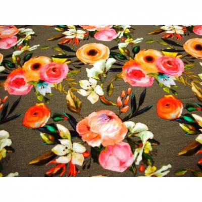 French Terry Sweatstoff bunte Blumen dunkelgrau–limitierte Auflage Stoffe Kleider Hosen Meterware nähen Geschenke Hoody