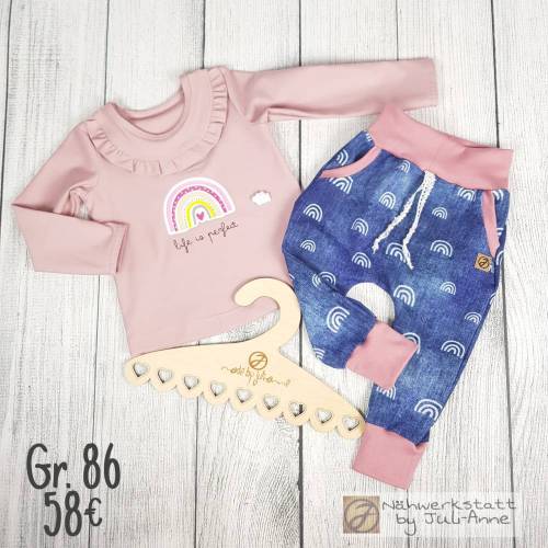 Set : Rüschen-Shirt & Baggypants Regenbogen Jeansoptik Gr. 86