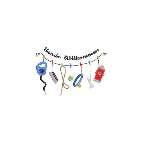 Stickdatei Hunde Willkommen Maschinenstickerei Tiere  Krallen Pfote 13x18 Fellnase Hund Wäscheleine Knochen Halsband Spielball Leine