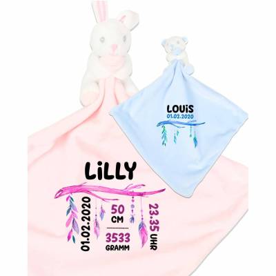 Schmusetuch / Schnuffeltuch mit Bärchen (blau)  oder Hase (rosa ) mit Rassel, Name und Geburtsdaten