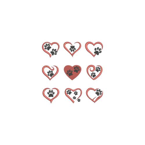 Stickdatei Set Herz mit Pfoten für 10x10 Rahmen 9 Dateien XXL für Fellnasen Vierbeiner Hunde Katzen