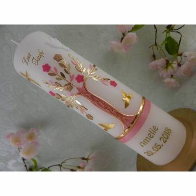 Taufkerze Mädchen Lebensbaum rosa gold Baum des Lebens Name Datum Spruch individualisierbar