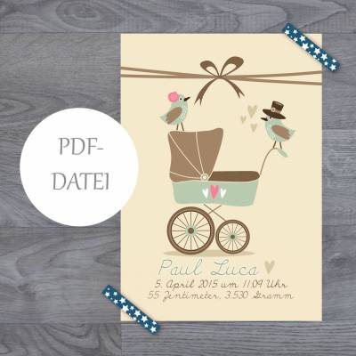 Geburtsanzeige Baby mint - PDF-Datei zum SELBST DRUCKEN bis DIN A3 (personalisierbar)