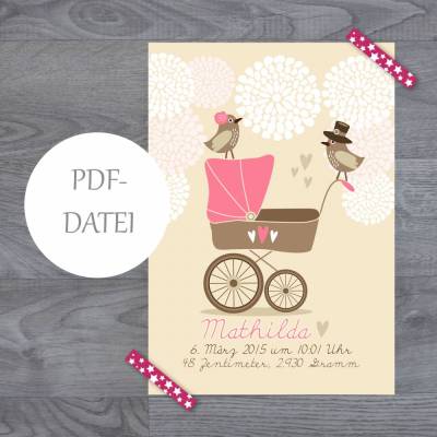 Geburtsanzeige Baby rosa - PDF-Datei zum SELBST DRUCKEN bis DIN A3 (personalisierbar)