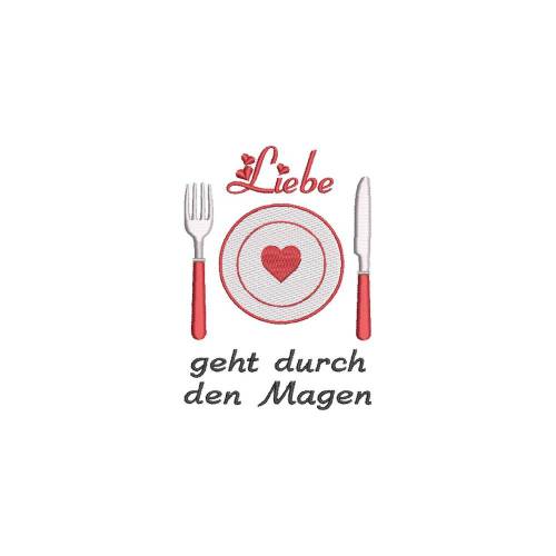 Stickdatei Liebe geht durch den Magen 13x18 cm Rahmen Spruch Kissen Koch Köchin Liebe Kochlöffel Nahrung Essen Herz Schürze Schürzenmotiv