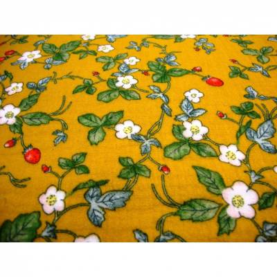Musselin Stoff Baumwolle senfgelb mit Blüten, Blättern & Erdbeeren – Kleiderstoff & Blusenstoff Meterware nähen 
